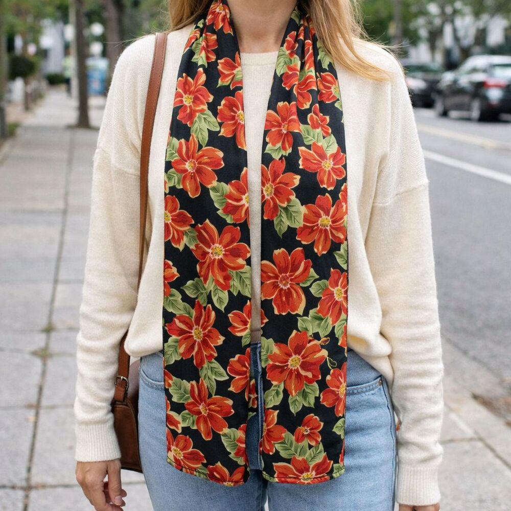 Red Poppy Floral Black Chiffon Scarf 58"x14" Lightweight Wrap